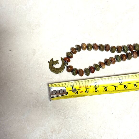 Genuine Earthy Polychrome Jasper Bronze Cat on the Moon Beaded Short Necklace - Picture 11 of 13